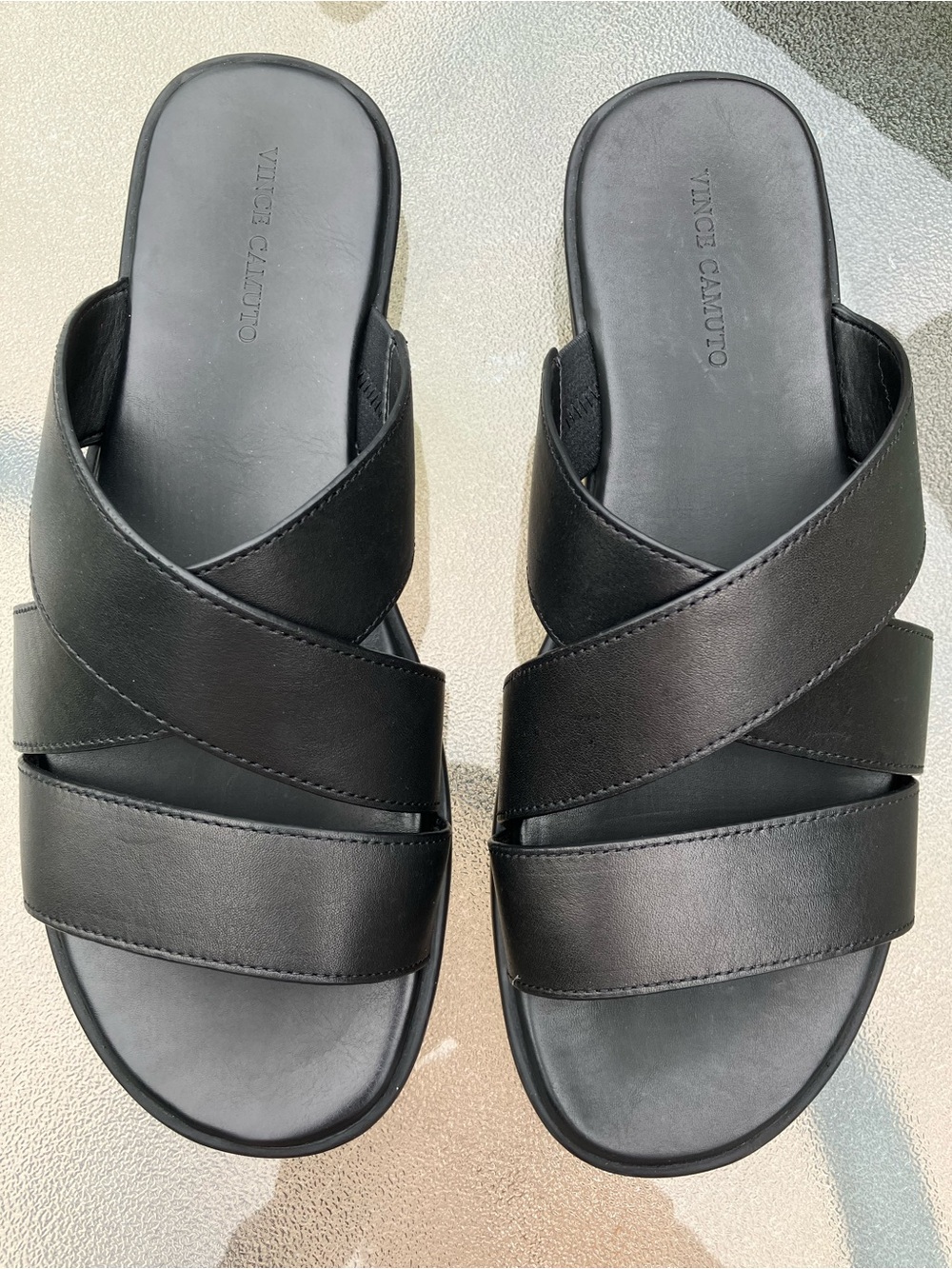 Vince Camuto Black Leather Cross-Strap Men's Slide Sandals